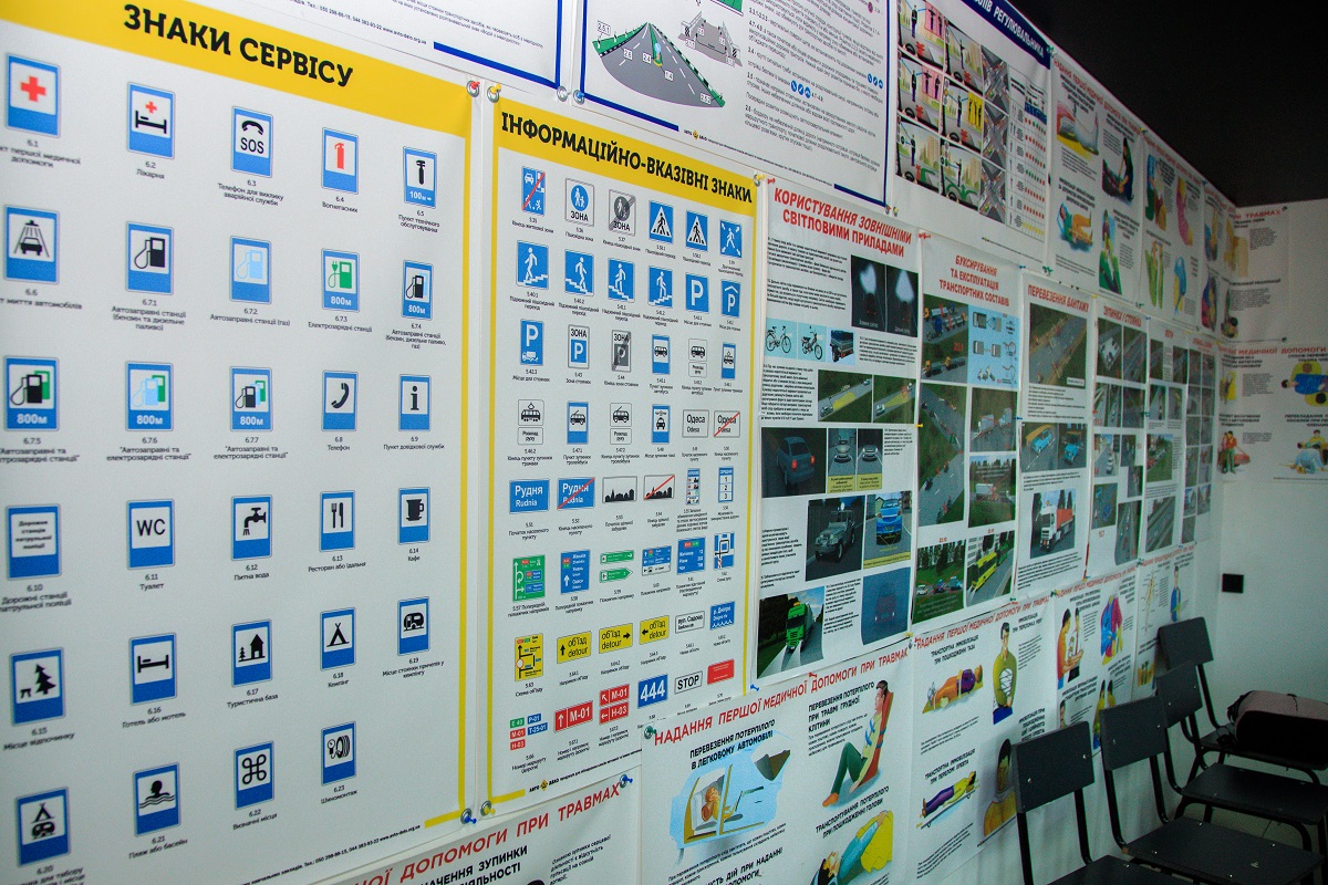 дорожні знаки у навчальному класі автошколи Магістраль