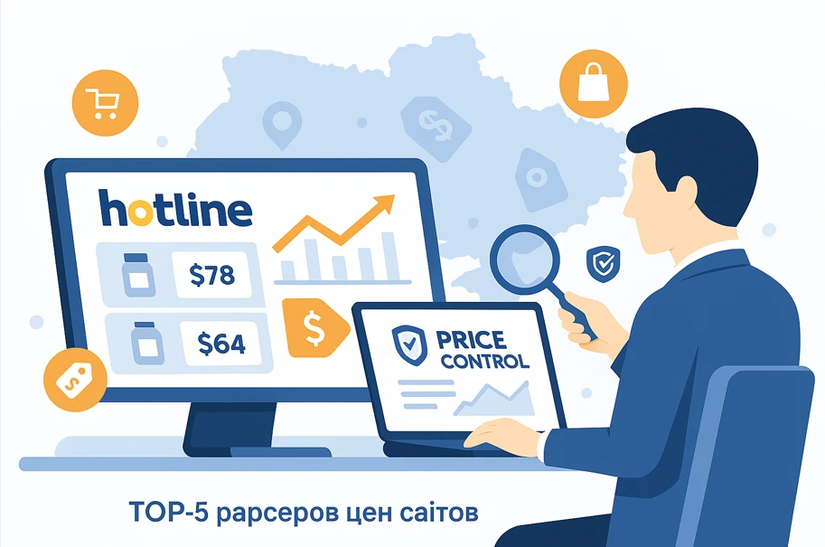 Анализ цен конкурентов на карте Украины — маркетолог изучает данные на ноутбуке с логотипом Price Control, на большом мониторе показаны цены и графики Hotline, на фоне — иконки интернет-магазинов.